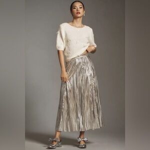 Anthropologie Silver Pleated Midi Skirt